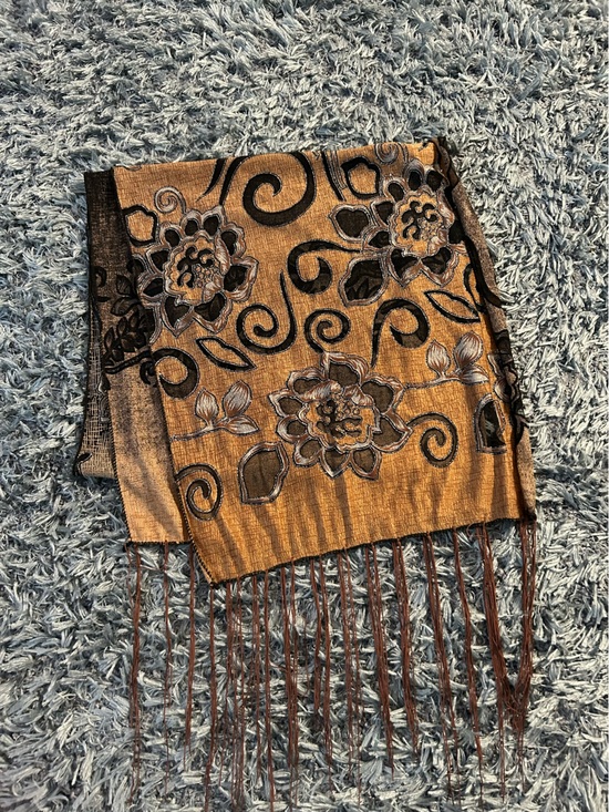 Source Unknown Accessories - Gold and Black Floral Fringe Scarf Wrap